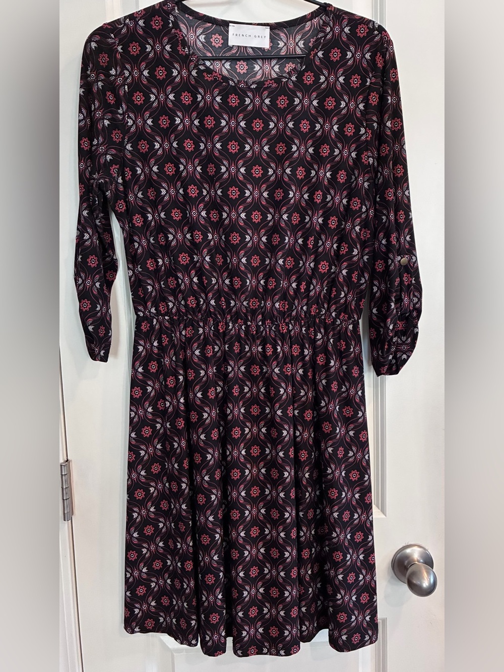 French Grey Black Dress with Red & White Medallion Print, 3/4 Sleeve